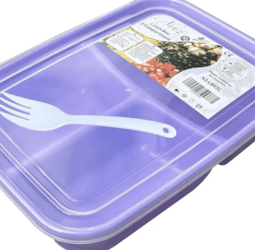 3 Compartments Lunch Box (1400ml) – Bento Box with Lids, Spoon (Purple)